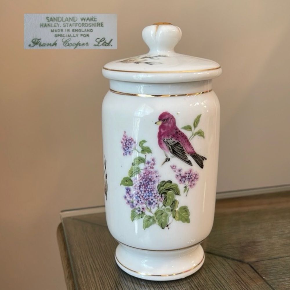 Vintage Porcelain Apothecary Pharmacy Ginger Jar w/Lid Floral Birds